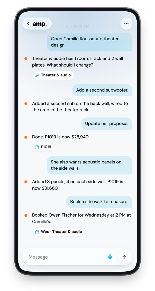 amp updating Camille Rousseau's theater design and booking a site walk